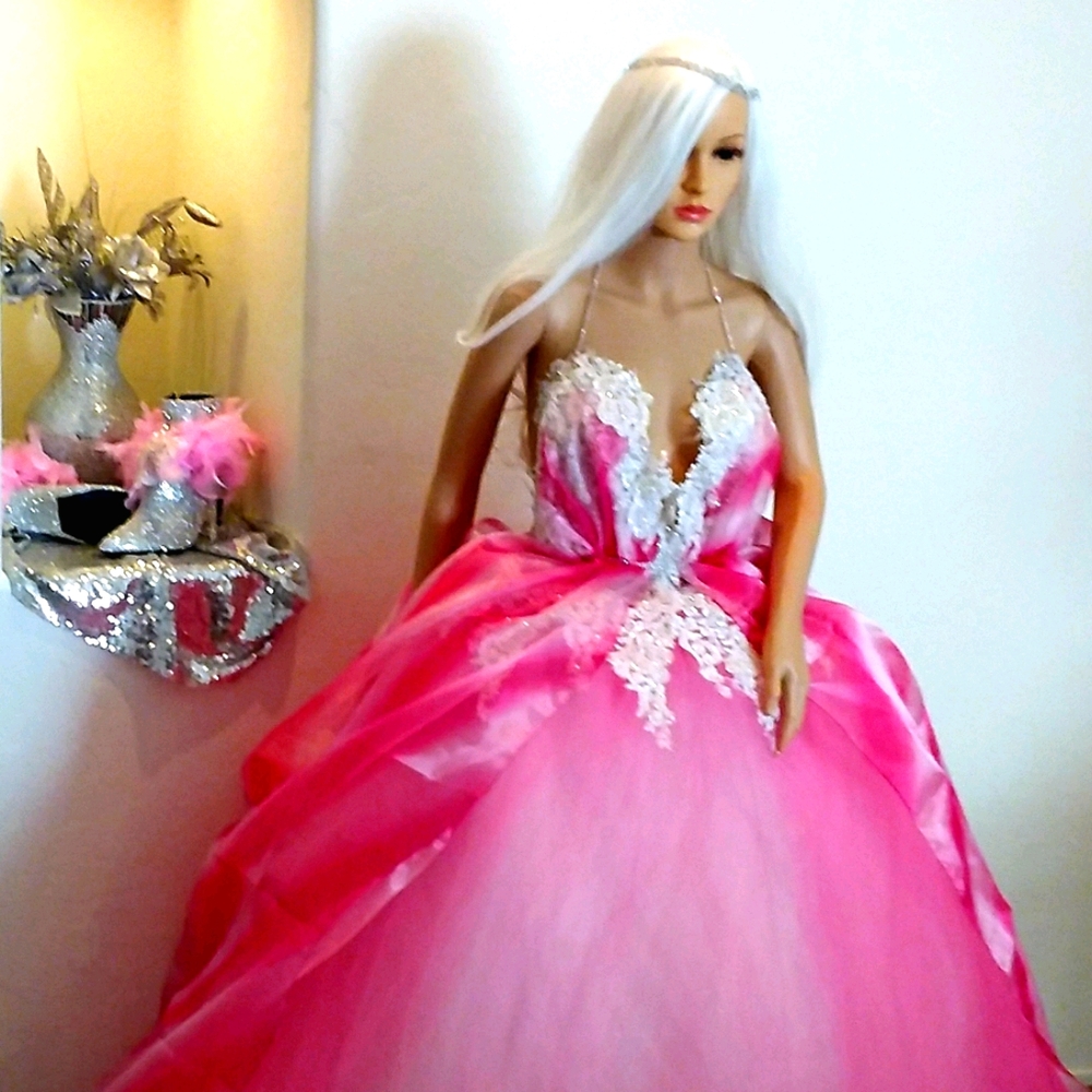 SAMPLE GOWN ONLY - FARRAH Pink Tie Dye Organza & Lace Bridal Ballgown